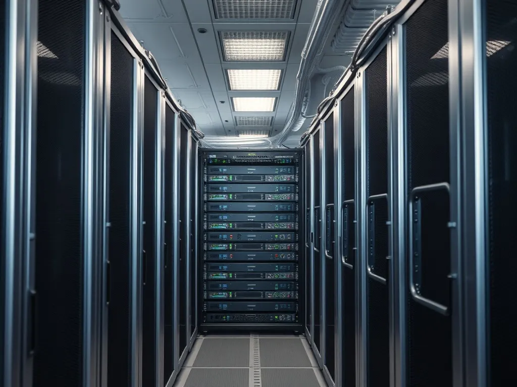 A high-tech server room with clean silver racks and cable ma